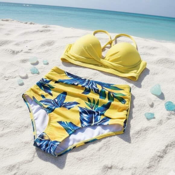 🆕 Leaf Print Yellow Bikini Set 👙 V Neck & High-Cut Bottom | Size Medium (6) - Picture 13 of 13